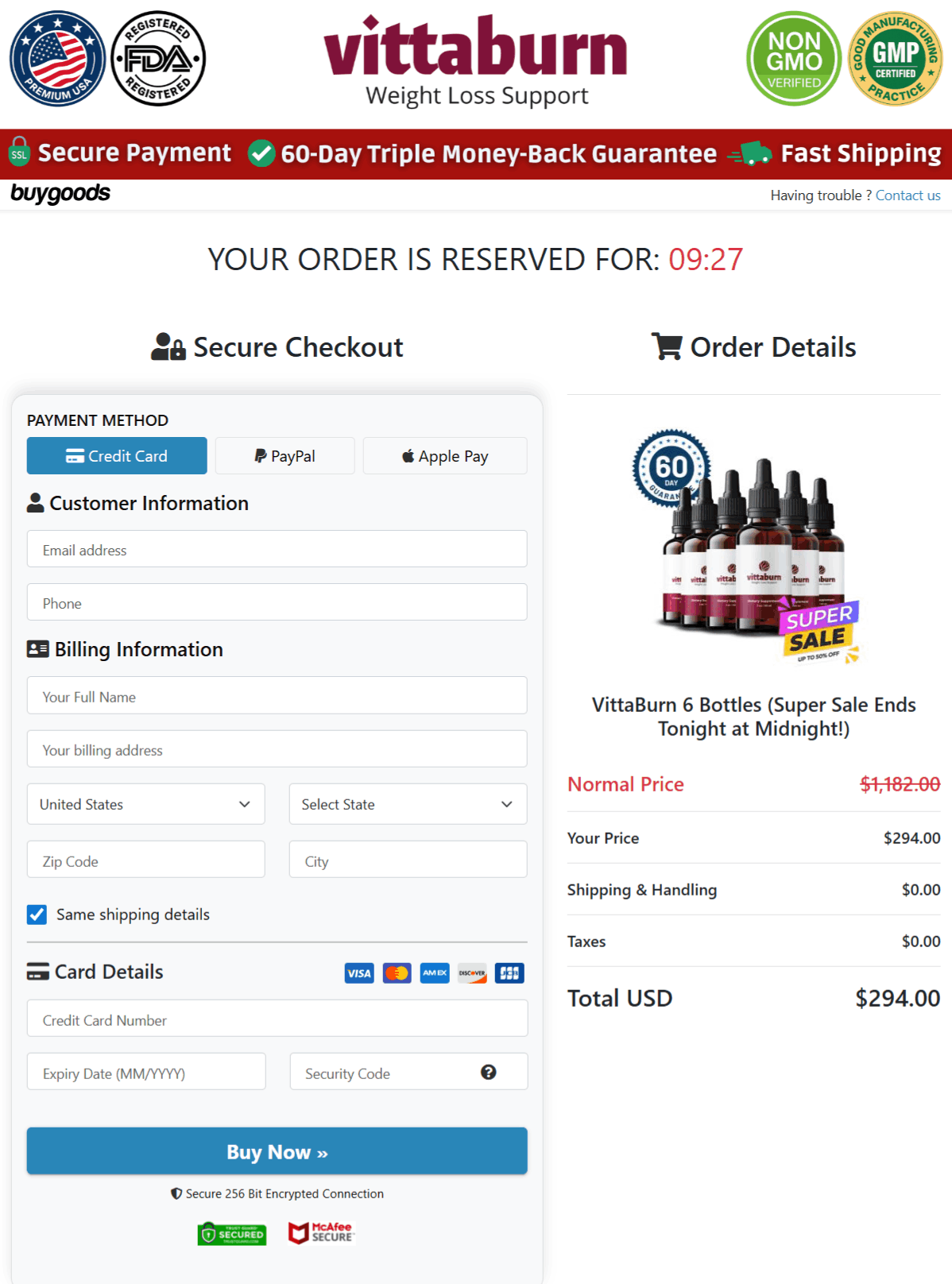 Vittaburn checkout page